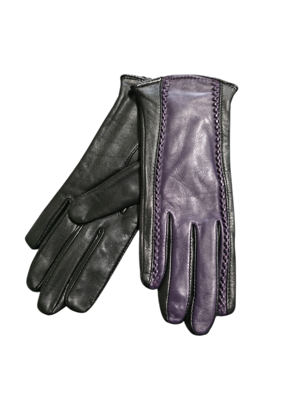Lands'End Two-Tone Black & Purple Leather Gloves M